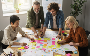 A diverse team collaborating around a table covered with charts and colorful sticky notes during a planning session