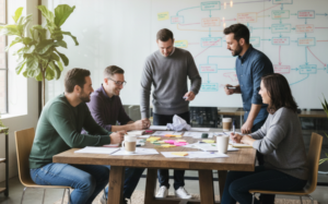 Team collaborating around a table with notes and documents, discussing a workflow on a whiteboard