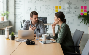 Two colleagues discussing strategy at a conference table with a laptop and whiteboard diagrams in the background
