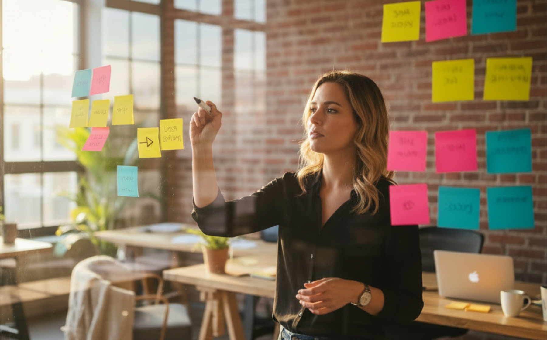 Woman writing ideas on colorful sticky notes arranged on a glass wall in a modern office