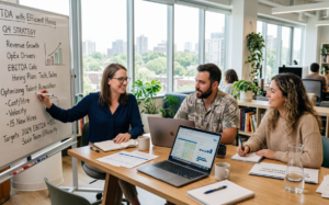 Team meeting with whiteboard showing Q4 strategy and hiring plans
