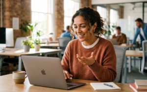 Woman smiling while working on a laptop in a modern office.
