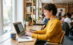 Person working on a laptop at a wooden table in an office