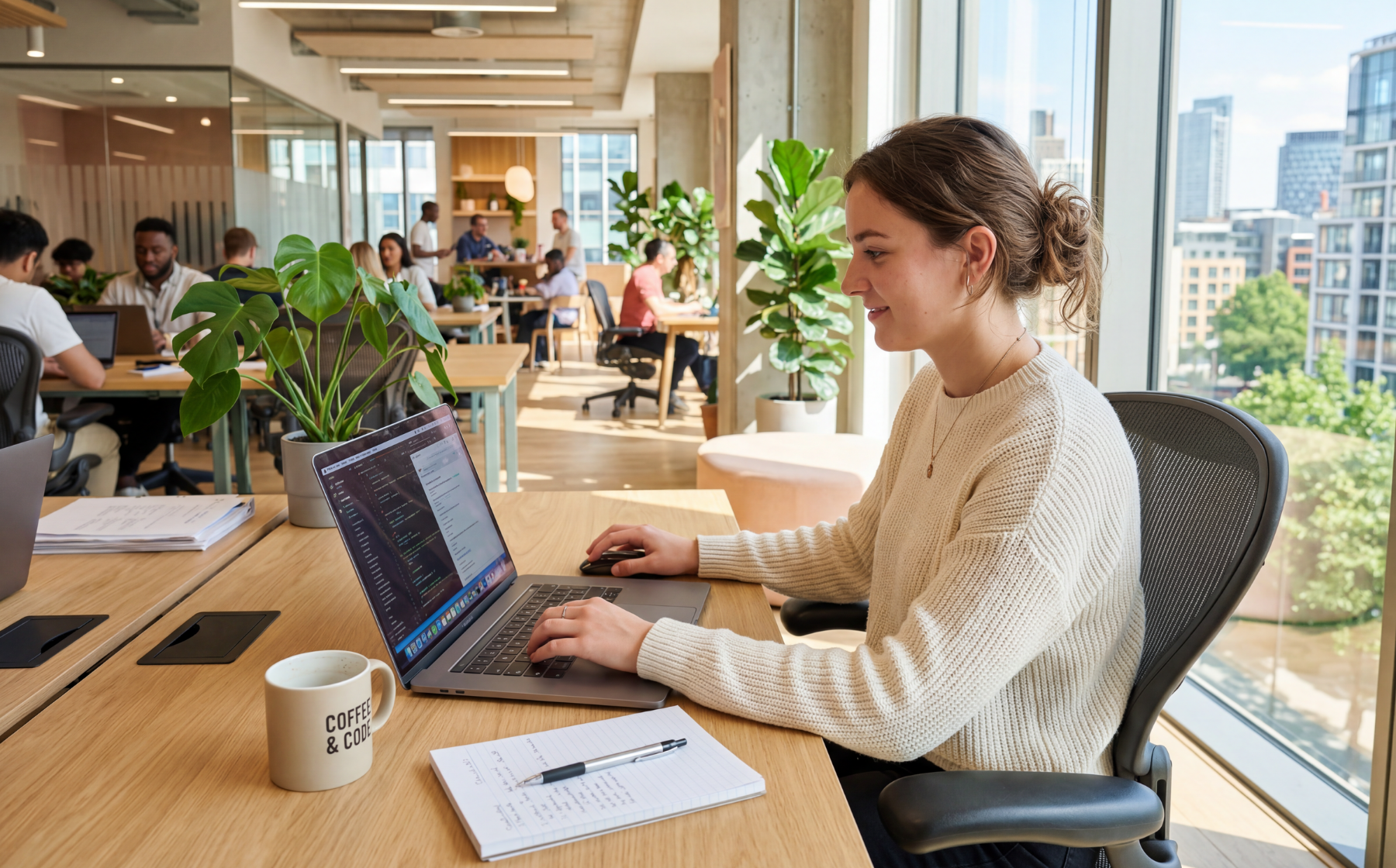 Woman working on a laptop in a bright, modern office