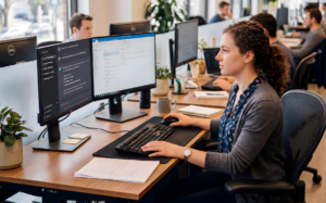Person working at a desk with dual monitors in a modern office, focused on computer tasks