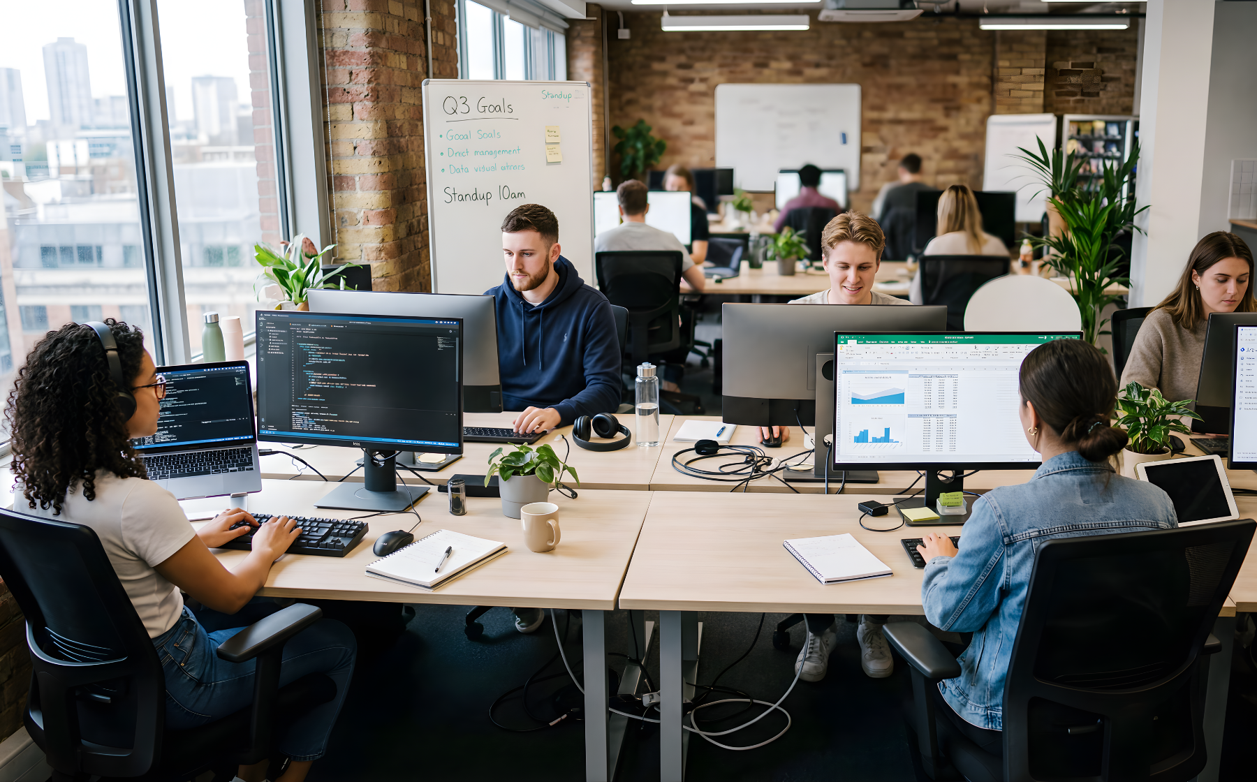 Open-plan office with employees working on computers and collaborating at desks