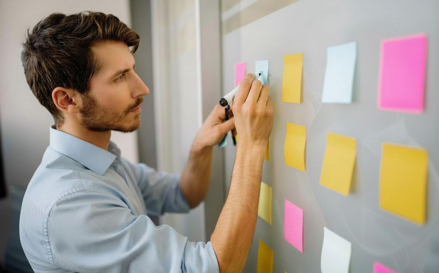 Man writing on colorful sticky notes on a glass board