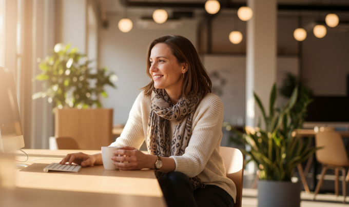 Woman smiling in the office looking outside